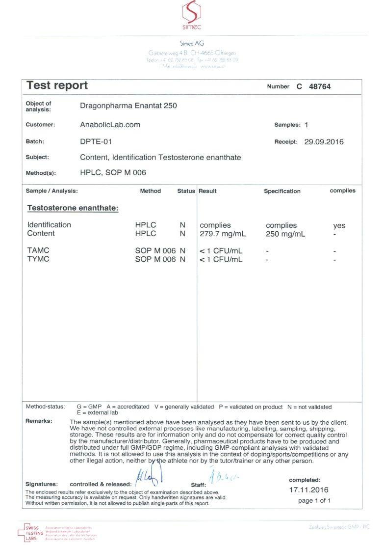 Dragon Pharma Enanthat 250 Lab Report